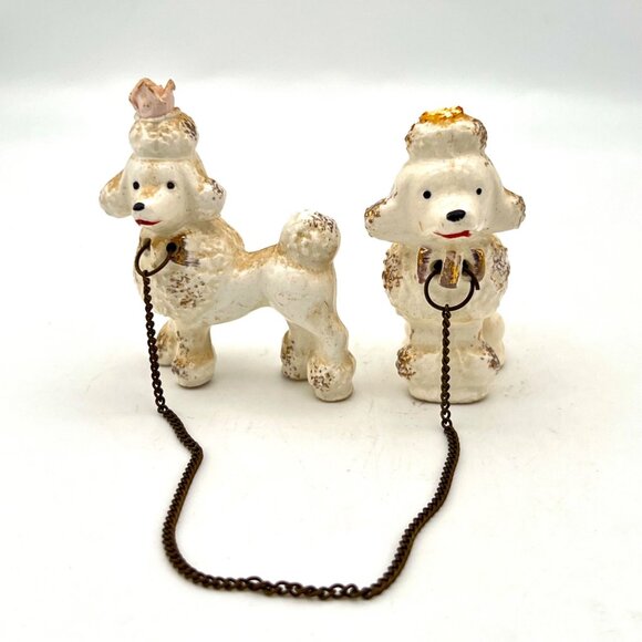 Vintage Ceramic Poodle Figurines With Chain Leash Hand Painted AS IS 2.5"H - Picture 1 of 7